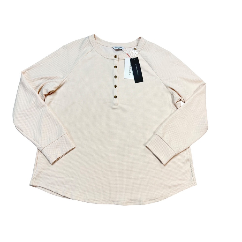 PrettyGarden Henley Top Womens XXL Cream NEW Waffle Knit Long Sleeve Button Up